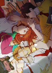 1girl 2boys bag blonde_hair book brown_hair cellphone closed_mouth collared_shirt eraser gym_uniform hand_up hands_up hirahara_kousuke hood hoodie i_love_yoo long_hair looking_at_another looking_up lying multiple_boys necktie note open_mouth pencil phone pink_hoodie red_necktie school_bag school_uniform serious shirt short_hair smile white_shirt wooden_floor yellow_shirt yeong-gi yoo_shin-ae