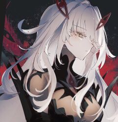 1girl bodystocking closed_mouth cowlick expressionless eye_hair_ornament eye_symbol from_side genshin_impact hair_between_eyes hair_intakes hair_ornament highres kino-cands long_hair looking_afar red_wings ronova_(genshin_impact) side_ahoge solo very_long_hair white_hair wings yellow_eyes