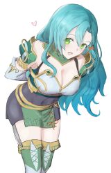 1girl :d aqua_hair arms_behind_back bare_shoulders bow breasts chloe_(fire_emblem) cleavage covered_navel fire_emblem fire_emblem_engage green_eyes hair_bow heart highres ippers large_breasts leaning_forward long_hair looking_at_viewer nintendo open_mouth smile solo white_background