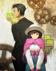 Rule 34 | 1boy, 1girl, adam&#039;s apple, aqua eyes, beard stubble, black hair, black jacket, black shirt, blue eyes, blue skirt, bow, breasts, collared shirt, expressionless, facial hair, gears, hat, high-waist skirt, holding own hand, huke, jacket, large breasts, long sleeves, looking to the side, medium hair, non-web source, official art, okabe rintarou, okabe rintarou (beta), pink bow, red scarf, sash, scarf, science adventure, shiina mayuri, shirt, short hair, skirt, smile, steins;gate, steins;gate 0, stubble, tareme, v arms, waist bow, waist sash, white shirt, yellow eyes