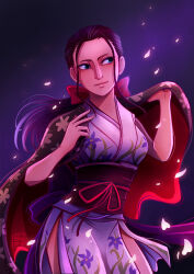 Rule 34 | 1girl, absurdres, blue eyes, bow, commentary, cowboy shot, english commentary, floating hair, floral print, floral print kimono, hair ribbon, haori, highres, japanese clothes, kimono, light smile, looking to the side, low ponytail, nico robin, nico robin (onigashima), one piece, petals, pink petals, ponytail, print kimono, red bow, red ribbon, ribbon, short kimono, shuravf, sidelocks, sleeveless, sleeveless kimono, smile, solo, white kimono