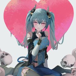 1girl :q aqua_hair black_horns clothing_request commentary hair_between_eyes hand_up hatsune_miku heart heart-shaped_eyes highres horns long_hair pink_eyes pink_heart sankichi_(croquette_crab) sitting skull solo symbol-only_commentary tongue tongue_out twintails vocaloid white_background yokozuwari