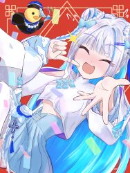 Rule 34 | absurdres, blue bow, blush, bow, braid, breasts, chinese clothes, closed eyes, clothing cutout, colored inner hair, confetti, double bun, hair bun, hair ornament, hairclip, high-waist skirt, highres, jiangshi costume, lize helesta, lize helesta (11th costume), long sleeves, mandarin collar, medium breasts, midriff peek, millennium2736, multicolored hair, nijisanji, open mouth, outstretched hand, pointing, pointing at self, red background, sebastian piyodore, skirt, thighhighs, virtual youtuber