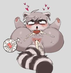1boy 1girl after_anal after_vaginal animal_ears batrobin_k blue_eyes cum cum_in_pussy domino_mask fertilization furry furry_female grey_background highres mask original ovum pawpads raccoon raccoon_ears raccoon_girl raccoon_tail short_hair simple_background sperm_cell tail