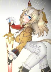Rule 34 | 1girl, absurdres, aiguillette, animal ears, asymmetrical gloves, black boots, black gloves, blonde hair, blue eyes, bodysuit, boots, breasts, chestnut mouth, chocolate n cheese (chokochizu01414), clothing cutout, commentary request, cowboy shot, crop top, durandal (umamusume), ear covers, epaulettes, gloves, hair between eyes, highres, horse ears, horse girl, horse tail, long hair, looking at viewer, mismatched gloves, multicolored hair, ponytail, simple background, single ear cover, smile, solo, sparkle, tail, tail through clothes, two-tone hair, umamusume, white background, white bodysuit, white gloves, white hair