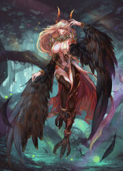 1girl black_feathers blonde_hair bracelet breasts cape claws feathers fingernails full_body gold hanh_chu harpy horns huge_breasts jewelry long_hair monster_girl navel original red_eyes sharp_fingernails smile thighhighs underboob wings