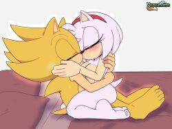 1boy 1girl amy_rose ass bare_legs barefoot bed bedroom blush breasts closed_eyes completely_nude feet furry gloves glowing gold_hair hairband highres hug huge_ass kiss large_breasts legs medium_hair nude pepamintop pink_fur pink_hair riding sega sex shiny_skin sitting soles sonic_(series) sonic_the_hedgehog spiked_hair super_amy super_amy_rose super_sonic tail thick_thighs thighs toes yellow_fur