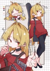 1girl absurdres ahoge aomoringo black_choker black_pants black_shirt blonde_hair bocchi_the_rock! choker drink drinking_straw drooling grid_background guitar guitar_case highres holding holding_drink ijichi_seika instrument instrument_case juice_box long_hair long_sleeves open_mouth pants plectrum red_eyes red_sweater saliva shirt shoes sleeping stuffed_animal stuffed_panda stuffed_toy sweater whistling