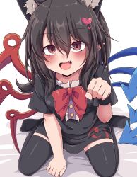1girl :d alternate_hair_length alternate_hairstyle animal_ear_fluff animal_ears asymmetrical_wings bed_sheet black_dress black_hair black_thighhighs blue_wings blush bow bowtie breasts brown_eyes cat_ears cat_girl commentary_request dress fang hair_between_eyes hair_ornament heart heart_hair_ornament highres houjuu_nue kemonomimi_mode looking_at_viewer medium_hair open_mouth paw_pose red_bow red_bowtie red_wings short_dress short_sleeves sitting siw0n smile solo textless_version thighhighs touhou wariza white_background wings