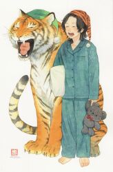 1girl absurdres amii_0219 barefoot black_hair closed_eyes commentary_request fangs full_body highres open_mouth original short_hair stuffed_animal stuffed_toy teddy_bear teeth tiger traditional_media yawning