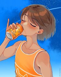 1boy arm_at_side artist_name bad_id bad_instagram_id bare_arms bare_shoulders blue_sky brown_hair can closed_eyes collarbone dark-skinned_male dark_skin drink_can drinking fingerless_gloves gloves hair_behind_ear hair_between_eyes hand_up highres holding holding_can idawnrunner juice kel_(faraway)_(omori) kel_(omori) male_focus omori orange_joe_(omori) orange_juice orange_tank_top outdoors parted_lips pinky_out raised_eyebrows simple_background sky solo sparkle swept_bangs tank_top u_u upper_body white_trim
