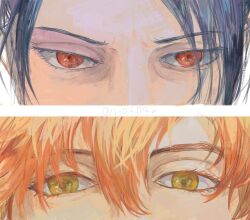 1no404n 2boys black_hair close-up colored_eyelashes eye_focus eye_reflection eyelashes felix_hugo_fraldarius fire_emblem fire_emblem:_three_houses hair_between_eyes looking_ahead male_focus multiple_boys nintendo orange_eyes orange_hair red_eyes reflection sylvain_jose_gautier twitter_username