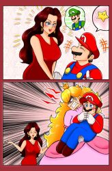 1boy 2girls anger_vein angry blonde_hair blue_eyes breasts brown_hair carrying cleavage comic crown donkey_kong_(1981_game) donkey_kong_(series) dress earrings eyeshadow gloves grin holding_hands jealous jewelry large_breasts lipstick long_hair looking_at_another luigi makeup mario mario_(series) multiple_girls nintendo pauline_(mario) pink_dress princess_carry princess_peach red_dress smile super_mario_bros._1 super_star_(mario)