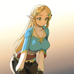 Rule 34 | 1girl, black pants, blonde hair, blue shirt, braid, breasts, brown gloves, commentary request, crown braid, gloves, gold trim, gradient background, green eyes, hands on lap, large breasts, long hair, monbetsu kuniharu, nintendo, pants, parted bangs, pointy ears, princess zelda, shirt, sidelocks, solo, the legend of zelda, the legend of zelda: breath of the wild, tight clothes, tight pants, yellow background