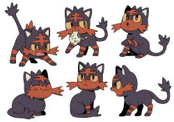 ^_^ absurdres bluekomadori cat closed_eyes commentary_request creature full_body gen_7_pokemon highres litten mouth_hold nintendo no_humans pokemon pokemon_(creature) simple_background sitting stuffed_toy togedemaru white_background
