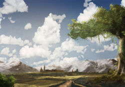 absurdres blue_sky cloud cloudy_sky commentary_request day field highres mountain no_humans original outdoors photoshop_(medium) scenery sky tower town tree warera