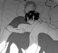 Rule 34 | 2boys, arm around shoulder, closed eyes, closed mouth, commentary, english commentary, fushimi saruhiko, glasses, greyscale, head on another&#039;s chest, highres, k-project, lying, male focus, monochrome, multiple boys, on back, on side, parted lips, pillow, shirt, short hair, short sleeves, sleeping, t-shirt, treslech3s, under covers, unworn eyewear, yaoi, yata misaki