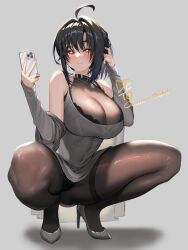 Rule 34 | 1girl, absurdres, ahoge, bare shoulders, belt collar, black collar, black hair, black pantyhose, blush, bra, bra peek, breasts, cellphone, closed mouth, collar, commentary, commission, covered navel, cross, detached sleeves, dog tags, dress, grey background, grey dress, grey shoes, guamon, hair between eyes, high heels, highres, holding, holding phone, large breasts, looking at viewer, orange eyes, original, panties, panties under pantyhose, pantyhose, pantyshot, phone, pixiv commission, pumps, scratching head, see-through cleavage, see-through clothes, shadow, shoes, sleeveless, sleeveless dress, smartphone, smile, solo, spread legs, squatting, thigh strap, underwear