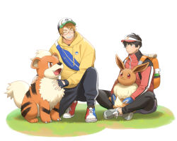 2boys ahoge alternate_costume america_(hetalia) axis_powers_hetalia backpack bag baseball_cap black_hair blonde_hair bottle closed_eyes creatures_(company) crossover eevee fang fingerless_gloves game_freak gen_1_pokemon glasses gloves grass grin growlithe hat hood hoodie indian_style japan_(hetalia) kneeling looking_at_another male_focus multiple_boys nintendo on_one_knee open_mouth pokemon pouch puffy_pants shoes simple_background sitting smile sneakers spray_bottle to@st track_suit visor yellow_hoodie