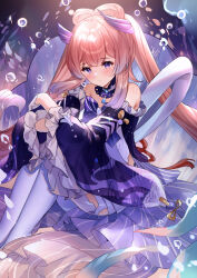 1girl absurdres air_bubble bare_shoulders bow-shaped_hair bubble closed_mouth detached_sleeves dress genshin_impact gloves guzangnanfeng half_gloves highres long_hair long_sleeves looking_at_viewer pink_hair sangonomiya_kokomi sitting solo thighhighs white_gloves white_thighhighs wide_sleeves