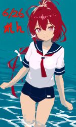 1girl ahoge artist_name blue_background blue_one-piece_swimsuit blue_sailor_collar commentary_request dated hair_ribbon highres i-168_(kancolle) kantai_collection long_hair neckerchief old_school_swimsuit one-hour_drawing_challenge one-piece_swimsuit ponytail red_eyes red_hair red_neckerchief ren_(pawer1945) ribbon sailor_collar sailor_shirt school_swimsuit shirt simple_background solo swimsuit swimsuit_under_clothes wading water white_ribbon white_shirt