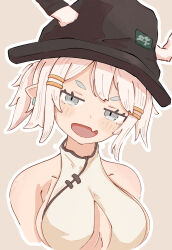 Rule 34 | 1girl, :d, bare shoulders, blush, breasts, brown background, chinese clothes, cleavage, cleavage cutout, clothing cutout, collarbone, covered collarbone, cropped arms, cropped torso, ear piercing, earrings, fang, fangs, grey eyes, hair ornament, hairclip, hat, head tilt, highres, horns, horns through headwear, jewelry, kuyuyu (vrchat), large breasts, looking at viewer, medium breasts, naranoashika, open mouth, outline, piercing, pointy ears, ponytail, short eyebrows, short hair, short ponytail, sideboob, simple background, skin fang, skin fangs, smile, smug, solo, swimsuit, thick eyebrows, upper body, vrchat, white hair, white outline
