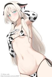1girl an-94_(girls&#039;_frontline) animal_ears animal_print aqua_eyes armpits artist_name bikini black_bikini black_gloves black_hairband blonde_hair blush breasts closed_mouth commentary cow_ears cow_print cow_print_bikini dutch_angle elbow_gloves fake_animal_ears girls&#039;_frontline gloves hairband hand_on_own_chest highres long_hair looking_at_viewer md5_mismatch micro_bikini navel print_bikini revision side-tie_bikini_bottom simple_background skindentation small_breasts solo stomach string_bikini sumi_ojie sweatdrop swimsuit twitter_username two-tone_gloves white_background white_bikini white_gloves
