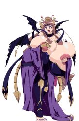 1girl absurdres bimbofication breasts cleavage commission corruption demon_girl digimon digimon_ghost_game elf_ear gigantic_breasts gold_claws golden_horn highres japanese_clothes kimono lilithmon lipstick mainkore makeup mankor nail_polish nipple_slip nipples solo succubus_wings third-party_edit toenail_polish toenails tsukiyono_ruli