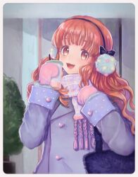1girl bag blush brown_eyes coat comeco commentary_request earmuffs highres idolmaster idolmaster_cinderella_girls long_hair looking_at_viewer mittens moroboshi_kirari open_mouth outdoors scarf smile solo upper_body winter_clothes