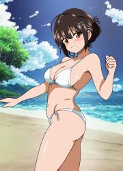 Rule 34 | 1girl, ahoge, beach, bikini, black hair, blue sky, breasts, brown eyes, cleavage, cloud, commentary request, day, hair bun, hair ornament, hairclip, highres, kinako mochi (pixiv100419090), medium breasts, mountainous horizon, navel, ocean, original, outdoors, parted lips, short hair, side-tie bikini bottom, sky, solo, swimsuit, white bikini