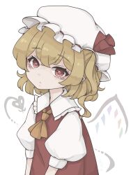 1girl ascot blonde_hair blush bow crystal crystal_wings ear_piercing flandre_scarlet frilled_shirt_collar frills hair_between_eyes harukairo hat hat_ribbon highres laevatein_(touhou) looking_at_viewer mob_cap piercing pointy_ears puffy_short_sleeves puffy_sleeves red_bow red_eyes red_skirt red_vest ribbon shirt short_hair short_sleeves side_ponytail simple_background skirt solo touhou upper_body vest white_background white_shirt wings yellow_ascot