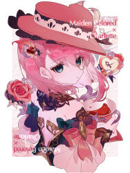 1girl alternate_costume back bow breasts charlotte_(genshin_impact) cup detached_collar detached_sleeves dress feathers flower gem genshin_impact green_eyes hat heart highres holding holding_cup looking_at_viewer looking_back medium_breasts monocle pink_feathers pink_flower pink_hair pink_hat puffy_detached_sleeves puffy_sleeves ribbon solo teacup yu_no72