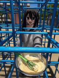 Rule 34 | 1girl, batter, black eyes, black hair, bowl, day, highres, holding, holding bowl, jungle gym, long hair, looking at viewer, mixing bowl, obon (ensoku 300en), open mouth, original, outdoors, playground, smile, solo, whisk