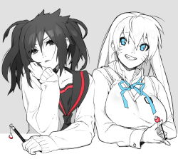 2girls :d arm_support black_eyes black_hair black_serafuku blue_bow blue_bowtie blue_eyes bow bowtie breasts closed_mouth genderswap genderswap_(mtf) grey_background grin holding holding_pen large_breasts littleb long_hair long_sleeves multiple_girls naruto_(classic) naruto_(series) open_mouth pen school_uniform serafuku simple_background smile sweater_vest tareme teeth twintails uchiha_sasuke upper_body uzumaki_naruto