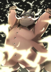 1boy arms_up bird black_hat brown_coat cat_boy coat facial_hair furry furry_male ginga_tetsudou_no_yoru glowing_bird hat highres kinoshita_jiroh long_sleeves male_focus mustache pawpads smile solo toritori_(ginga_tetsudou_no_yoru) upper_body