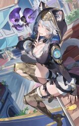 1girl absurdres animal_ear_fluff animal_ears belt black_gloves bow breasts cat_ears cat_girl cipher_(honkai:_star_rail) cleavage finger_to_mouth fingerless_gloves gloves grey_hair hair_bow high_heels highres honkai:_star_rail honkai_(series) index_finger_raised long_sleeves looking_at_viewer mole mole_on_chest one_eye_closed outdoors parted_lips shushing sitting smile solo thigh_belt thigh_strap ye_xing_caomei yellow_nails