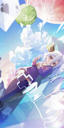 Rule 34 | 1569847238, 1girl, absurdres, black thighhighs, chess piece, crown, dress, hair between eyes, highres, holding, holding chess piece, long bangs, long hair, lying, neckerchief, no game no life, on side, orange eyes, planet, purple dress, sailor collar, shiro (no game no life), sidelocks, sky, solo, thighhighs, white hair, white sailor collar, yellow neckerchief