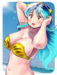 1girl animal_print bikini blush breasts cleavage green_hair highres horns kenken28937178 large_breasts long_hair looking_at_viewer lum navel oni open_mouth smile solo swimsuit tiger_print urusei_yatsura yellow_eyes