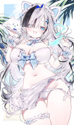 1girl :d animal_ears apron bikini black_hair blue_bow blue_eyes border bow breasts cat_ears cleavage cowboy_shot first_stage_production frilled_apron frills gluteal_fold hair_over_one_eye highres holding holding_tray komejima_nenne large_breasts long_hair maid maid_apron maid_bikini maid_headdress multicolored_hair navel open_clothes open_mouth smile solo streaked_hair swimsuit tray twitter_username unconventional_maid untied_bikini virtual_youtuber white_apron white_bikini white_border white_hair white_headdress wrist_cuffs yuyu_yura