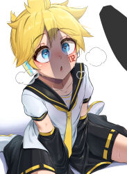1boy arm_warmers bass_clef black_shorts blonde_hair blue_eyes blush c_take0141 collarbone commentary facial_mark headphones heart heart-shaped_pupils heavy_breathing highres kagamine_len leg_warmers neckerchief necktie sexually_suggestive shaded_face shadow shorts symbol-shaped_pupils vocaloid yellow_neckerchief yellow_necktie