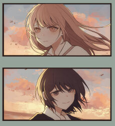 2girls black_eyes black_hair brown_eyes brown_hair closed_mouth cloud commentary floating_hair guiltyskullu highres long_hair multiple_boys multiple_girls naoi_(zenbu_kowashite_jigoku_de_aishite) short_hair symbol-only_commentary yoshizawa_kasumi zenbu_kowashite_jigoku_de_aishite