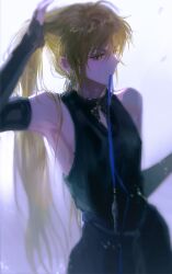 Rule 34 | 1boy, absurdres, adjusting hair, arm up, armpits, backlighting, bare shoulders, black gloves, black pants, black shirt, blonde hair, blue gemstone, blue ribbon, blurry, chinese clothes, chinese commentary, clothing cutout, detached sleeves, driedpersimmonisverydelicious, earrings, elbow gloves, fingerless gloves, gem, gloves, highres, holding, holding own hair, huang shaotian, huang shaotian (troubling rain), jewelry, light particles, long hair, looking to the side, male focus, mouth hold, official alternate costume, official alternate hair length, official alternate hairstyle, pants, ponytail, quan zhi gao shou, ribbon, ribbon in mouth, shade, shirt, sleeveless, sleeveless shirt, solo, tassel, tying hair, upper body, very long hair, white background, yellow eyes