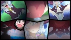 2girls absurdres black_hair character_request copyright_request elaina_(majo_no_tabitabi) giant giantess highres licking long_tongue multiple_girls sachi-san source_request swallowing tagme tongue vore