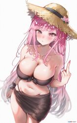 1girl :&lt; alternate_costume artist_name bare_shoulders bikini black_bikini black_skirt bluesky_logo blush breasts cleavage closed_mouth collarbone commentary fingernails hand_up hat highres hololive hololive_english large_breasts long_hair looking_at_viewer middle_finger mori_calliope nail_polish navel patreon_logo pink_eyes pink_hair pink_nails rosebell side-tie_skirt signature simple_background skirt solo stomach straw_hat swimsuit twitter_x_logo very_long_hair virtual_youtuber white_background