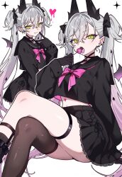 1girl absurdres black_hands black_sailor_collar black_shirt black_skirt black_thighhighs breasts candy colored_extremities crossed_legs demon_wings ebora fang fate/grand_order fate_(series) food green_eyes hand_up highres holding holding_candy holding_food holding_lollipop horns lilith_(fate) lollipop long_hair looking_at_viewer midriff multiple_views navel open_mouth pointy_ears sailor_collar sailor_shirt school_uniform shirt single_thighhigh sitting skirt smile thighhighs tongue tongue_out twintails v white_background white_hair wings