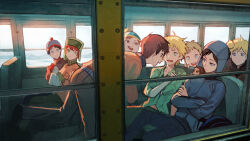 6+boys absurdres animal animal_on_shoulder beanie black_hair blonde_hair blue_eyes brown_eyes brown_hair bus butters_stotch chullo clyde_donovan collared_shirt commentary craig_tucker crossed_arms egg english_commentary eric_cartman fur_hat gloves guinea_pig hat high_collar highres jacket kenny_mccormick kyle_broflovski long_sleeves male_focus motor_vehicle multiple_boys nesstune open_mouth orange_hair pom_pom_(clothes) pom_pom_beanie shirt short_hair sitting smile south_park stan_marsh tweek_tweak ushanka window