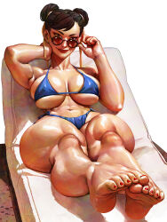 Rule 34 | 1girl, artist name, azuma yasuo, bikini, blue bikini, braid, breasts, brown hair, capcom, chun-li, commentary, curvy, double bun, english commentary, feet, full body, hair bun, highleg, highleg bikini, highres, parted lips, red nails, shiny skin, short hair, solo, street fighter, street fighter 6, sunbathing, sunglasses, sunglasses removed, swimsuit, thong, thong bikini, toes, twin braids, wide hips