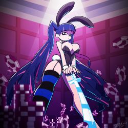 1girl breasts cleavage highres leotard multicolored_hair panty_&amp;_stocking_with_garterbelt playboy_bunny single_thighhigh stocking_(psg) striped_clothes striped_thighhighs sword thighhighs twintails weapon zedrin