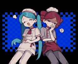 2girls apron black_background black_pants blue_background blue_hair buttons chef_hat closed_mouth cowboy_shot double-breasted drill_hair flat_chest grey_shirt hair_between_eyes hashtag-only_commentary hat hatsune_miku kasane_teto kasane_teto_(sv) multiple_girls nausea neck_ribbon obsolete_meat_(vocaloid) open_mouth pants parted_bangs red_apron red_eyes red_hair red_ribbon red_trim ribbon rice_(somasuki_77) shirt short_sleeves simple_background sleeves_rolled_up spoken_sweatdrop sweatdrop synthesizer_v tears twin_drills twintails utau vocaloid white_apron white_hat white_pants white_shirt