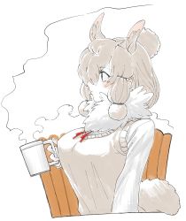 1girl alpaca_ears alpaca_suri_(kemono_friends) alpaca_tail animal_ear_fluff animal_ears cup extra_ears female_focus fur_collar grey_hair hair_bun highres kemono_friends long_sleeves medium_hair mug notora profile shirt simple_background single_hair_bun solo steam tail upper_body vest white_background white_shirt